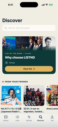 The LISTND Discover tab with a curated list of the week and picks from friends