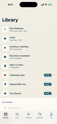 The LISTND Library tab with new releases, likes and shared shelves