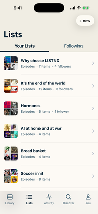 The LISTND Lists tab showing your own lists