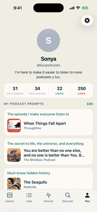 A LISTND profile page with follower stats and podcast prompts